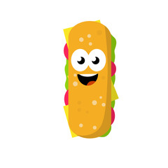 Sandwich with funny face. Street food and fast food element. Mascot character. Long burger with meat and vegetables. Ciabatta bread. Eyes and smile. Cartoon flat illustration
