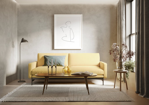 3d render of agrungy concrete room with a yellow sofa an art canvas and many plants and flowers