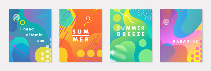 Fototapeta na wymiar Bundle of modern vector summer posters with bright gradient background,shapes and geometric elements.Trendy abstract design perfect for prints,social media,banners,invitations,branding design,covers