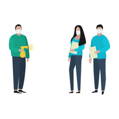 Fototapeta premium Man and woman with documents in medical masksand patient with an antiseptic spray. Fashion trendy illustration, flat design. Pandemic and epidemic of coronavirus in the world