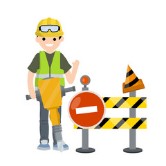 Construction work. road is closed for repairs. Clothing and tools worker. Yellow uniform, gloves, jackhammer, goggles, green vest and helmet. Cartoon flat illustration. Yellow sign and cone.