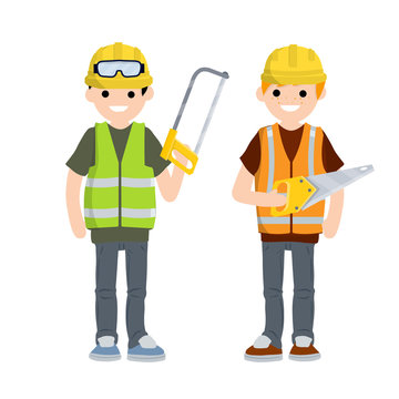 Two Men workers in uniform with helmets. Jigsaw, gloves, glasses, vest and helmet. Industrial safety. Maintenance service. Loggers and objects for sawing wood. Repair and installation tools.