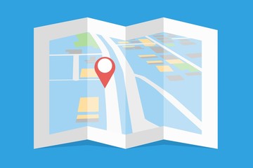 Navigation map with red pin pointer on folded paper. Vector Illustration.