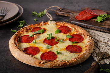 Homemade salami pizza with cheese corners