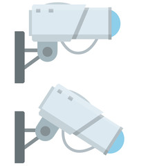 Video surveillance camera. Cartoon flat illustration. Fixation in the wall. White CCTV device with lens. Security footage set. safety and security
