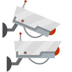 Video surveillance camera. Cartoon flat illustration. Fixation in the wall. White CCTV device with lens. Security footage set. safety and security