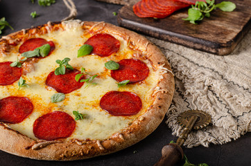 Homemade salami pizza with cheese corners