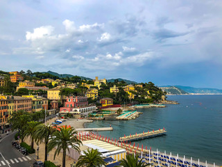 Naklejka premium Beautiful panorama of Santa Margherita Ligure harbor and promenade on the Italian Riviera. Beautiful mediterranean landscape, Italy, Liguria, Genoa, Europe.