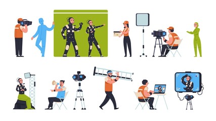 Movie production. Film making scenes with actors director and camera man, film crew shooting on green screen and on location. Vector illustration set location cinema productions makers