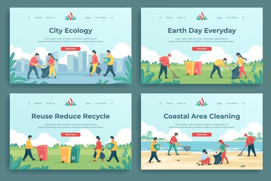Plastic recycle landing page. Family characters collecting garbage and sorting trash, cleaning and saving environment. Vector image web pages cleaning different natural landscapes from garbage