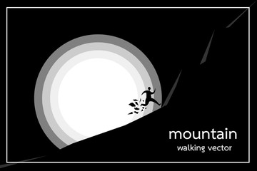 The silhouettes of people are running. The mountains are black, there is a white sun and a black sky. Background image Black-toned control Vector image
