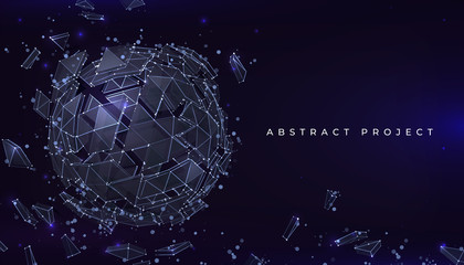 Sphere particles background. Futuristic banner with abstract geometric shape of connected lines. Vector destroyed globe or molecule realistic 3D orb, geometric shards of glass