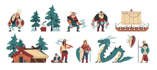 Vikings. Cartoon barbarian characters with steel and leather weapon and armor, scandinavian funny illustration. Vector history isolated character barbarians flat set - obrazy, fototapety, plakaty