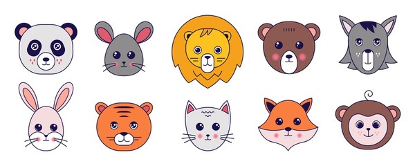 Kawaii animals. Cute doodle cat tiger panda mouse and other pets avatars with funny emoji faces. Vector cartoon illustration animal heads set of bear, fox, monkey