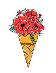 Flowers in ice-cream cone sketch. Illustration isolated on white background. Botanical food illustration.Natural food