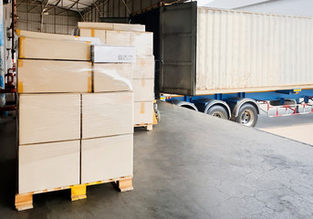 Packaging Boxes Wrapped Plastic on Pallets Loading into Cargo Container. Loading Dock Shipping Trucks. Supply Chain. Shipment Boxes. Distribution Warehouse Freight Truck Transport Logistics	