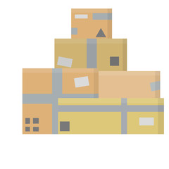 Set of parcels in cardboard boxes. Square carton. Cartoon flat illustration. Delivery of cargo. Packed goods. Brown objects. Warehouse and mail item