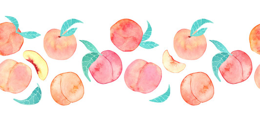 Watercolor seamless border of peaches on a white background. Print with large ripe peaches for stationery, textiles and wallpapers.
