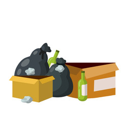 Garbage bag. Black bag with trash and junk. Empty green beer bottle, jar, crumpled paper. The problem of disposal and recycling. Cartoon flat illustration. Set scrap