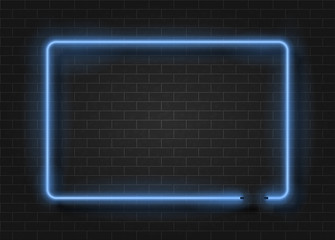 Neon light rectangle template on dark brick wall