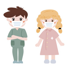 Cartoon character cute nurse boy and girl. Vector illustration of medical workers with surgical face mask isolated on white background.