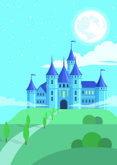 Obraz na płótnie Canvas Vector cartoon magic castle in vertical format. Fairytale landscape and night sky with clouds and the big moon. Good illustration for postcards.