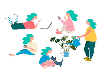 Stay Home concept. Covid-19 quarantine concept. Young woman spending time at home. Set of vector illustrations in flat style