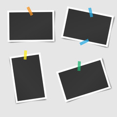 Composition of realistic black photo frames on transparent background. Mock ups for design. Vector illustration