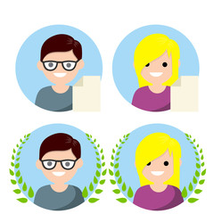 Obraz premium Set of avatars of man and woman in circle. New file icon. Guy and girl. Social network elements and applications. Happy face of character. Cartoon flat illustration. Green Laurel wreath of winner