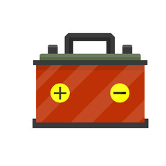 Red battery. rechargeable accumulator power supply. Electricity in the car. Energy reserve. The terminals for the wires. Plus and minus auto contact. Cartoon flat illustration