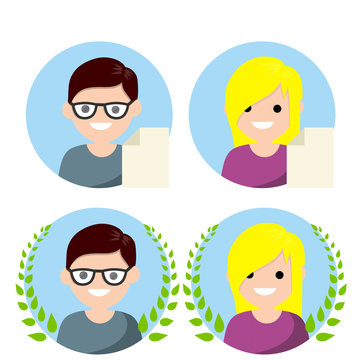 Set of avatars of man and woman in circle. New file icon. Guy and girl. Social network elements and applications. Happy face of character. Cartoon flat illustration. Green Laurel wreath of winner