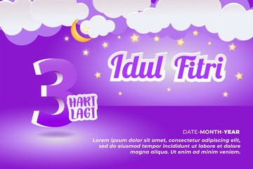 Coundownt 3 Day Celebrate Eid Mubarak with cloud, star and moon Ornament Purple Background, Vector Illustration EPS10. Web, Invitation, Flyer