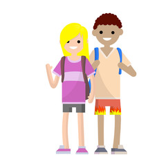 Couple in summer clothes. Students boyfriend and girlfriend with backpacks. Travelers man and girl. Communication multicultural friends. Cartoon flat illustration.