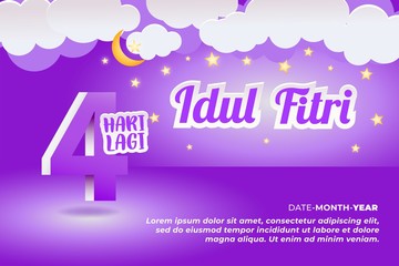 Coundownt 4 Day Celebrate Eid Mubarak with cloud, star and moon Ornament Purple Background, Vector Illustration EPS10. Web, Invitation, Flyer