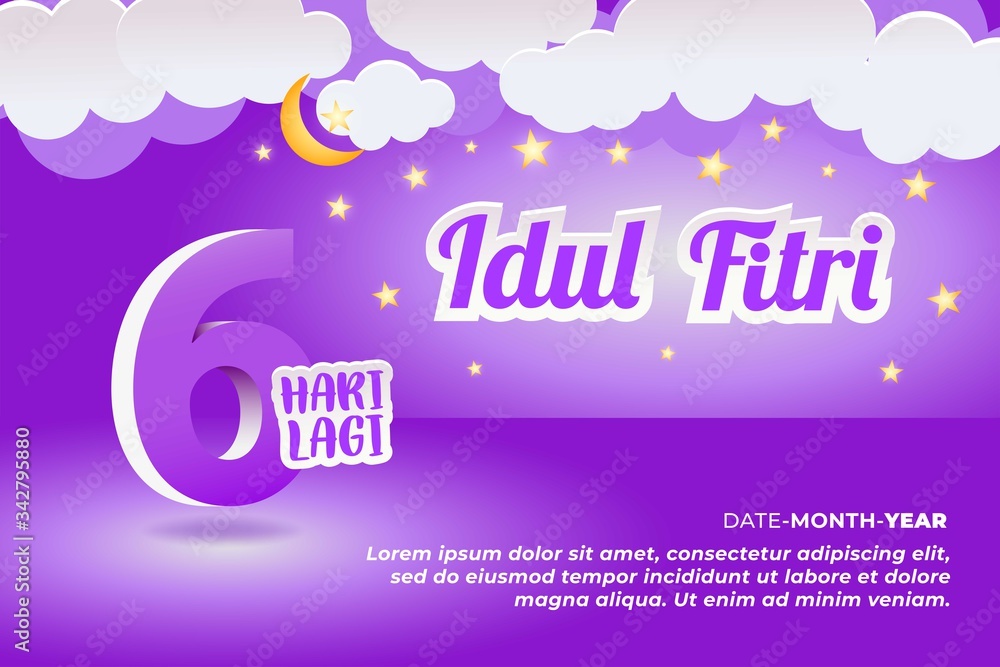 Wall mural Coundownt 6 Day Celebrate Eid Mubarak with cloud, star and moon Ornament Purple Background, Vector Illustration EPS10. Web, Invitation, Flyer