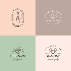 Obraz premium Set of jewelry logo design templates in trendy linear and minimal style. Vector emblems