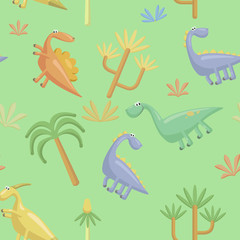 Seamless pattern of cute flat vector dinosaurs.
