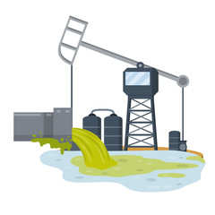 Industrial discharge from the pipe. Pollution of nature and ecology. Modern problem. Green stream in the river. Chemical waste. Cartoon flat illustration. Oil rig