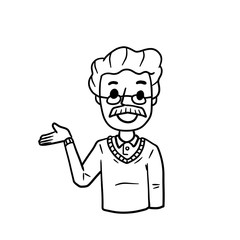 Old Man with Spread hands. Smiling senior in shirt. Doubt and timidity. Hand drawn sketch cartoon. Uncertainty and shrugging. Funny illustration