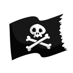 Pirate flag. Skull and bones on black ribbon. element of death. Emblem and symbol of theft and robber. Cartoon flat illustration. jolly Roger