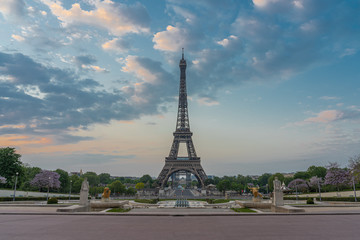 Paris, France - 04 25 2020: View of the Eiffel Tower from the Trocadero esplanade during the coronavirus period