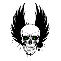 Skull with green glowing eyes, crown wings and paint splashes on white background. Grunge vector illustration