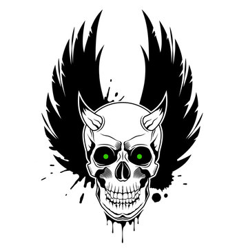 Vector skull with horns, green glowing eyes, crown wings and paint splashes in the background. Grunge vector illustration