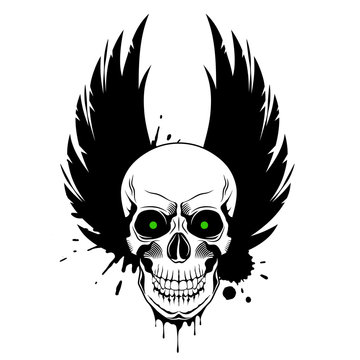 Skull with green glowing eyes, crown wings and paint splashes on white background. Grunge vector illustration