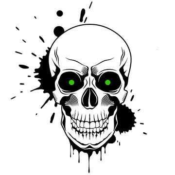 Skull with green glowing eyes, and splashes and drips of paint on white background. Grunge vector illustration
