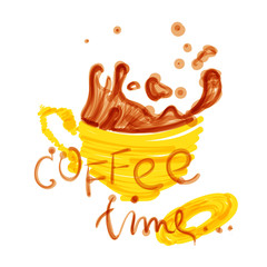 Coffee mug in different colors. Sketch with color marker. Simple vector illustration, rustic. Kids like, childish picture.