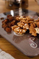 Close-up walnuts, peeled nuts and prepared for adding to the dough