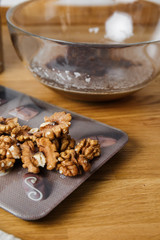 Close-up walnuts, peeled nuts and prepared for adding to the dough