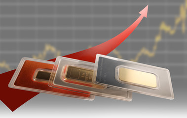  Finance concept. Gold bars in blister on against the background of price growth graph.