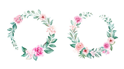 Round watercolor floral wreath. Botanic decoration illustration of peach roses and blue flowers, leaves, branches. Botanic elements for wedding or greeting card design composition